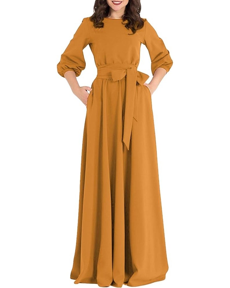 Women Elegance Audrey Hepburn Style Round Neck 3/4 Puff Sleeve Swing Maxi Dress Long Belt Dresses with Pockets Orange $28.20 ...