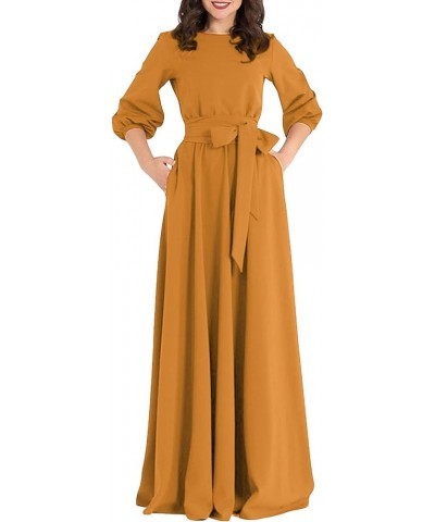 Women Elegance Audrey Hepburn Style Round Neck 3/4 Puff Sleeve Swing Maxi Dress Long Belt Dresses with Pockets Orange $28.20 ...