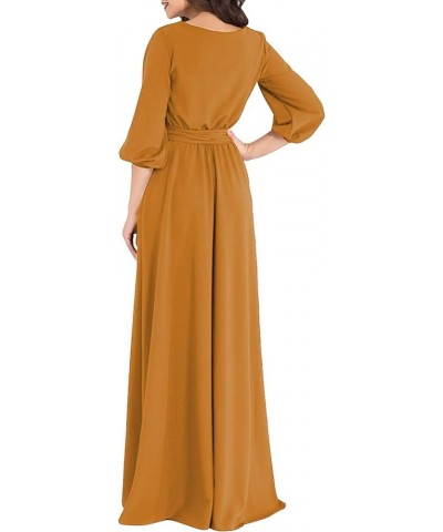 Women Elegance Audrey Hepburn Style Round Neck 3/4 Puff Sleeve Swing Maxi Dress Long Belt Dresses with Pockets Orange $28.20 ...