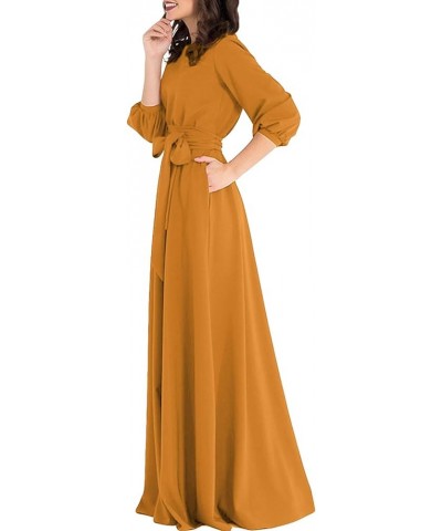 Women Elegance Audrey Hepburn Style Round Neck 3/4 Puff Sleeve Swing Maxi Dress Long Belt Dresses with Pockets Orange $28.20 ...