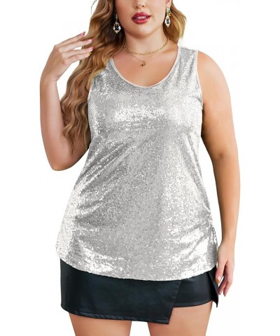 Women's Sequin Tops Plus Size Glitter Tank Top Sleeveless Sparkle Shimmer Shirt Tops Silver $25.47 Tanks