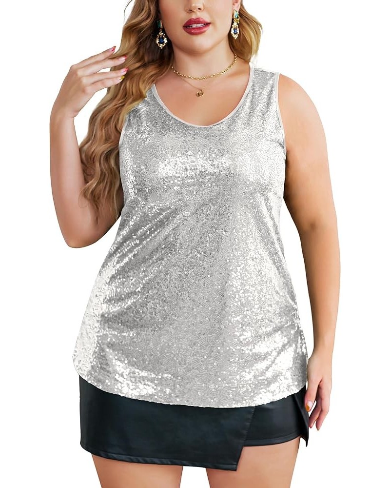 Women's Sequin Tops Plus Size Glitter Tank Top Sleeveless Sparkle Shimmer Shirt Tops Silver $25.47 Tanks