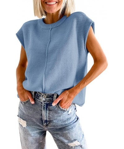 Women Casual Mock Neck Knit Sweater Vest Sleeveless Ribbed Pullover Tank Tops Solid Basic Knitwear 02-crew Neck Blue $10.17 S...