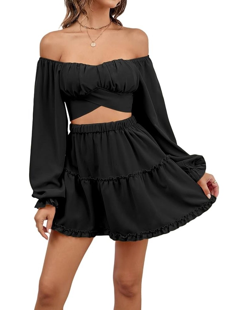 Women's 2 Piece Outfits Self Tie Knot Crop Top and Mini Skirt Set Black $17.22 Suits