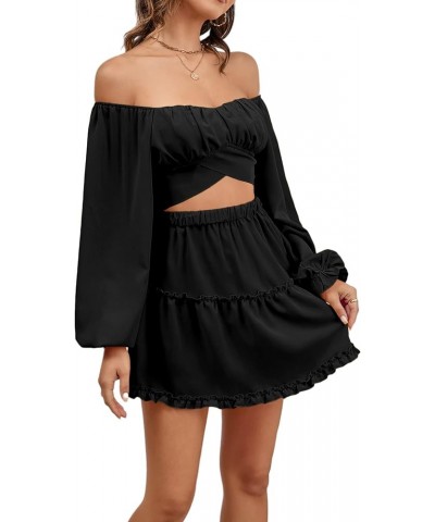 Women's 2 Piece Outfits Self Tie Knot Crop Top and Mini Skirt Set Black $17.22 Suits