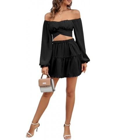 Women's 2 Piece Outfits Self Tie Knot Crop Top and Mini Skirt Set Black $17.22 Suits