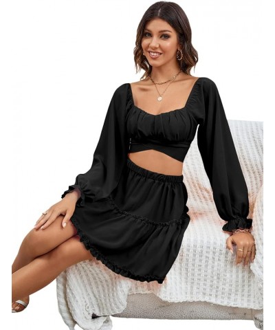 Women's 2 Piece Outfits Self Tie Knot Crop Top and Mini Skirt Set Black $17.22 Suits