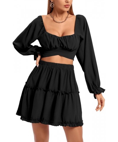 Women's 2 Piece Outfits Self Tie Knot Crop Top and Mini Skirt Set Black $17.22 Suits