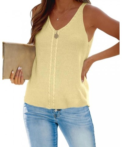 Womens Summer V Neck Tops Rib Knitted Sleeveless Tank Top Cable Knit Sweater Vest Casual Solid Tee Shirts Yellow $19.46 Sweaters