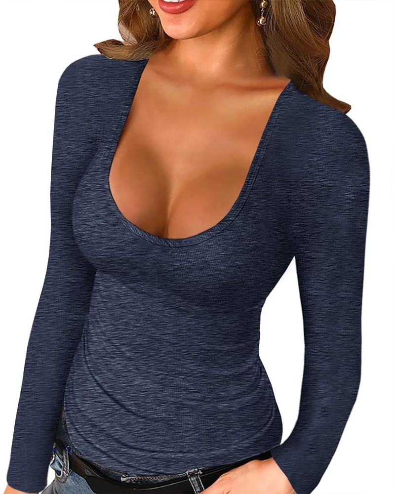 Women Long Sleeve Tops Scoop Neck Low Cut Slim Fitted Shirt Sexy Basic Tee Shirts Tops U Navy $10.99 Tops