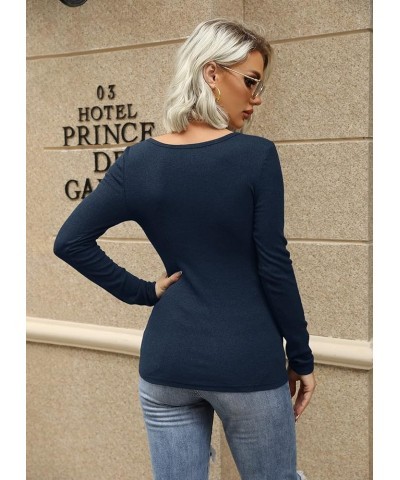 Women Long Sleeve Tops Scoop Neck Low Cut Slim Fitted Shirt Sexy Basic Tee Shirts Tops U Navy $10.99 Tops