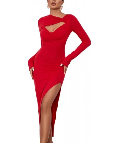 Women's Sexy Cut Out Twist Ruched Side Split Long Sleeve Midi Bodycon Dress Red $23.97 Dresses