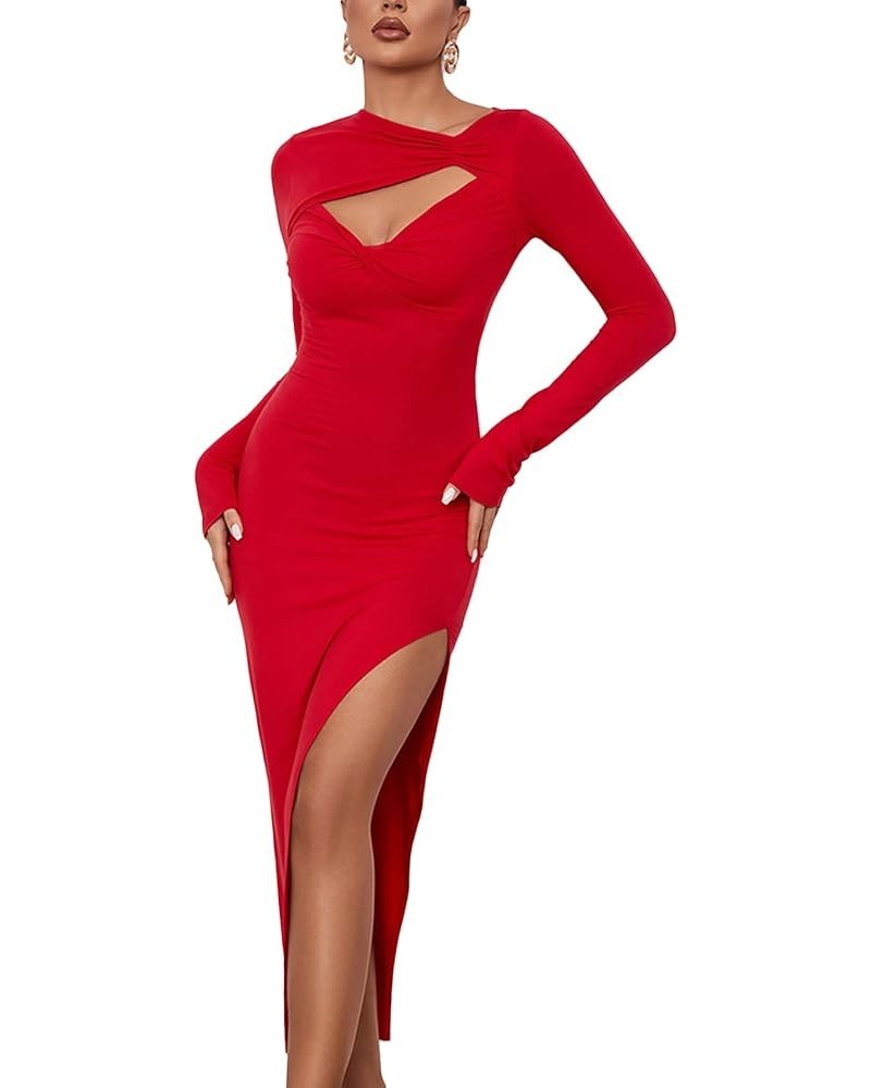 Women's Sexy Cut Out Twist Ruched Side Split Long Sleeve Midi Bodycon Dress Red $23.97 Dresses