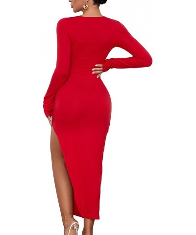 Women's Sexy Cut Out Twist Ruched Side Split Long Sleeve Midi Bodycon Dress Red $23.97 Dresses