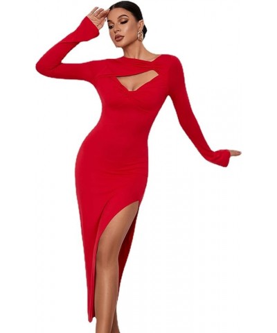 Women's Sexy Cut Out Twist Ruched Side Split Long Sleeve Midi Bodycon Dress Red $23.97 Dresses