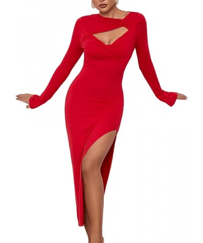 Women's Sexy Cut Out Twist Ruched Side Split Long Sleeve Midi Bodycon Dress Red $23.97 Dresses