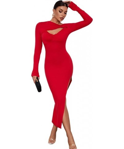 Women's Sexy Cut Out Twist Ruched Side Split Long Sleeve Midi Bodycon Dress Red $23.97 Dresses