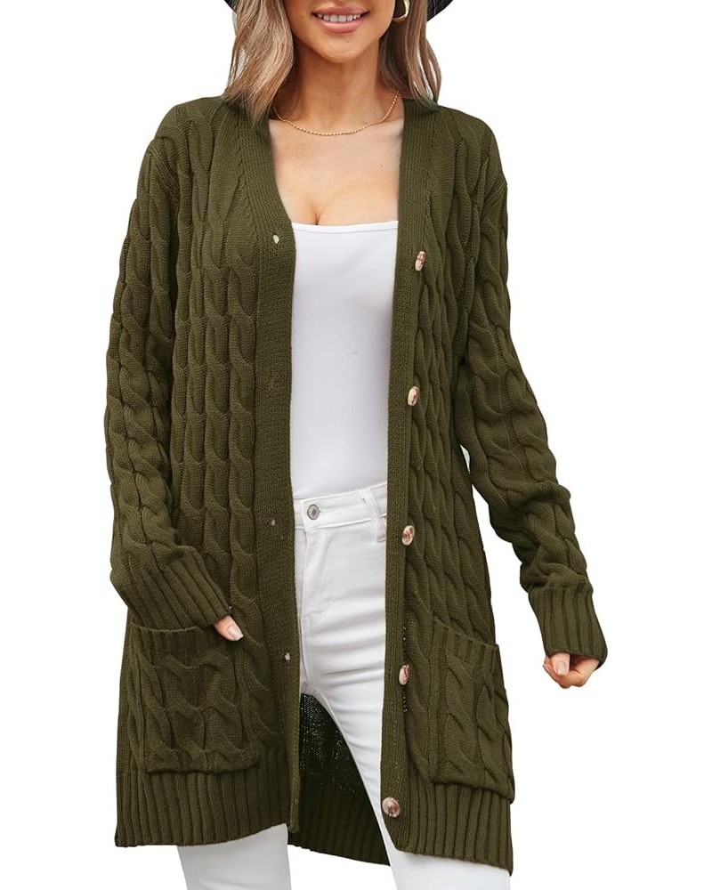 Women's Twist Cable Knit Cardigan Draped Long Sweater Coats with Side Pockets Button Front Fall Winter Outwear O-green $13.86...