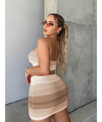 Women's Sexy 2 Piece Knit Colorblock Crop Tube Top and Bodycon Mini Skirt Set Khaki $18.45 Suits