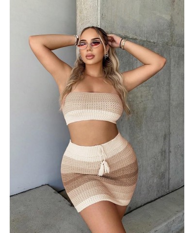 Women's Sexy 2 Piece Knit Colorblock Crop Tube Top and Bodycon Mini Skirt Set Khaki $18.45 Suits