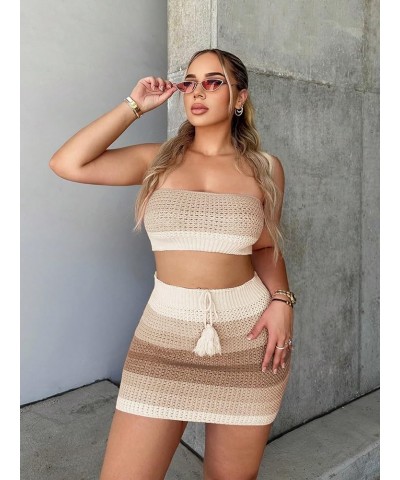 Women's Sexy 2 Piece Knit Colorblock Crop Tube Top and Bodycon Mini Skirt Set Khaki $18.45 Suits