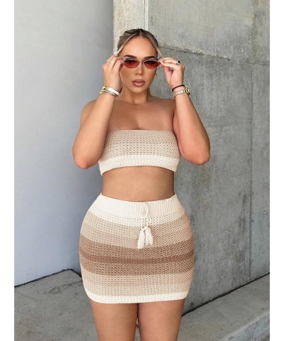 Women's Sexy 2 Piece Knit Colorblock Crop Tube Top and Bodycon Mini Skirt Set Khaki $18.45 Suits