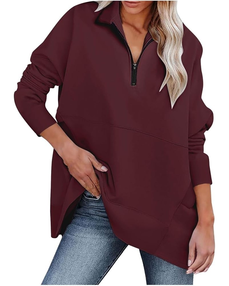 Half Zip Pullover Women Fall Solid Sweatshirts Loose Fit Long Sleeve Lapel Collar Trendy Tees Side Pockets Clothes A17-wine $...