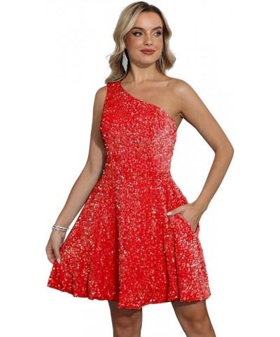 Sparkly Sequins Homecoming Dresses One Shoulder Short Prom Dresses Formal Evening Party Gowns with Pockets Red $22.44 Dresses