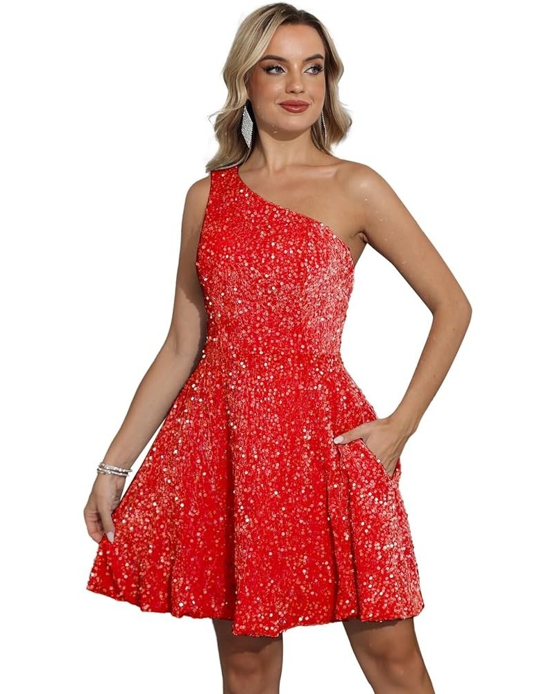 Sparkly Sequins Homecoming Dresses One Shoulder Short Prom Dresses Formal Evening Party Gowns with Pockets Red $22.44 Dresses