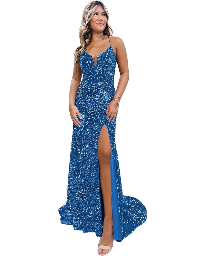 Prom Dress for Women Sphagetti Strap Sequin Party Dress Sexy Split Formal Maxi Dresses Turquoise $36.80 Dresses