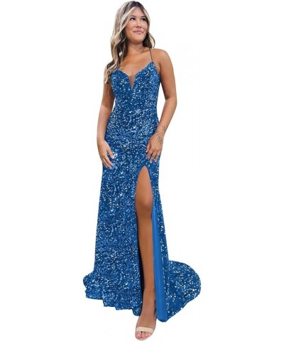 Prom Dress for Women Sphagetti Strap Sequin Party Dress Sexy Split Formal Maxi Dresses Turquoise $36.80 Dresses