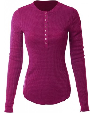 Women's Long Sleeve Eight Button Closure Henley Thermal Knit Top C Magenta $11.28 Tops