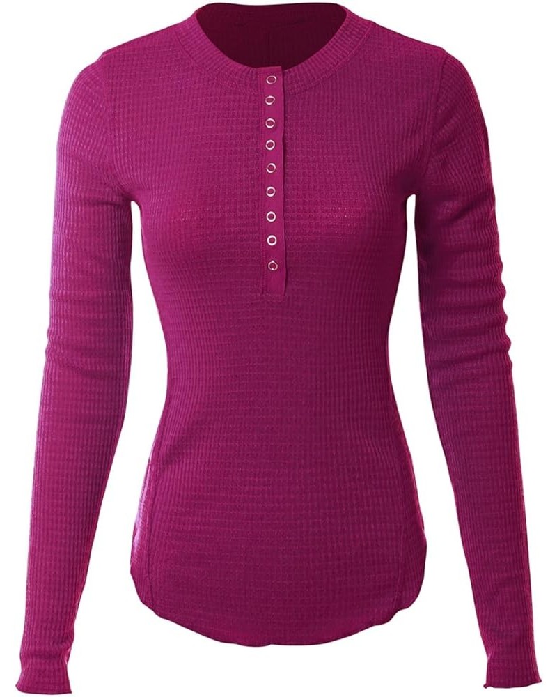 Women's Long Sleeve Eight Button Closure Henley Thermal Knit Top C Magenta $11.28 Tops