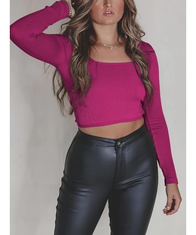 Women's Square Neck Long Sleeve Ribbed Slim Fitted Casual Long Sleeve Shirts Basic Crop Top 2024 Trendy Clothes Berry $11.87 ...