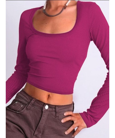 Women's Square Neck Long Sleeve Ribbed Slim Fitted Casual Long Sleeve Shirts Basic Crop Top 2024 Trendy Clothes Berry $11.87 ...