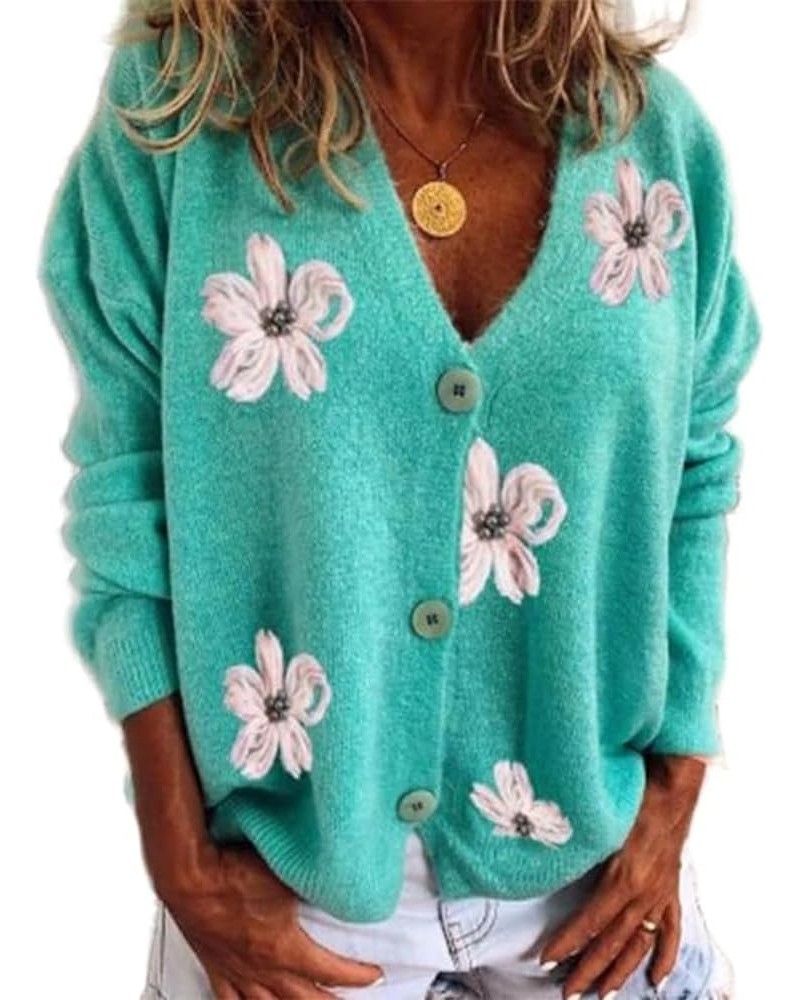 Women's Cute Daisy Flower Knit Cardigan Retro Aesthetics 90s Long Sleeve Button Open Front Sweater Y2K Tops Three Buttons Gre...