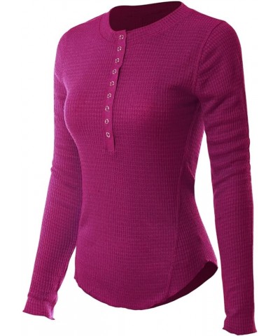 Women's Long Sleeve Eight Button Closure Henley Thermal Knit Top C Magenta $11.28 Tops