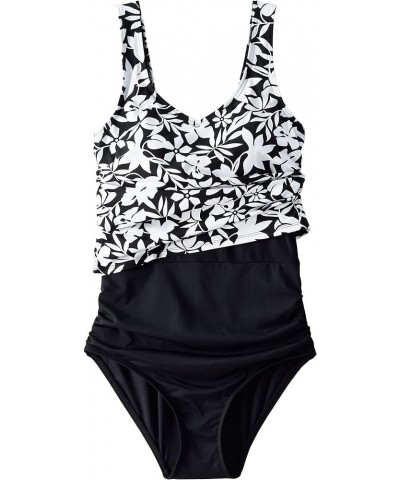 Womens V-neck Fauxkini One Piece Swimsuit Black Havana Floral $46.24 Swimsuits