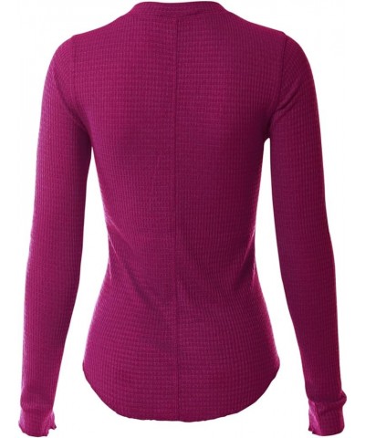 Women's Long Sleeve Eight Button Closure Henley Thermal Knit Top C Magenta $11.28 Tops