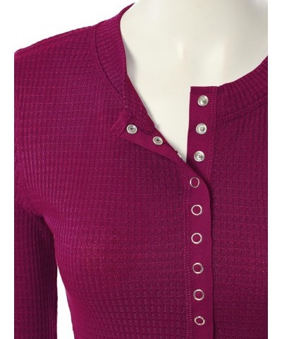 Women's Long Sleeve Eight Button Closure Henley Thermal Knit Top C Magenta $11.28 Tops