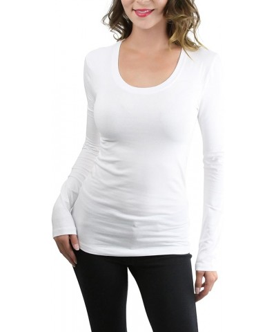 Junior Women's Slim Fit Long Sleeve Shirt Scoop Neckline Basic Tee Layering Cotton Top Classic White $8.98 T-Shirts