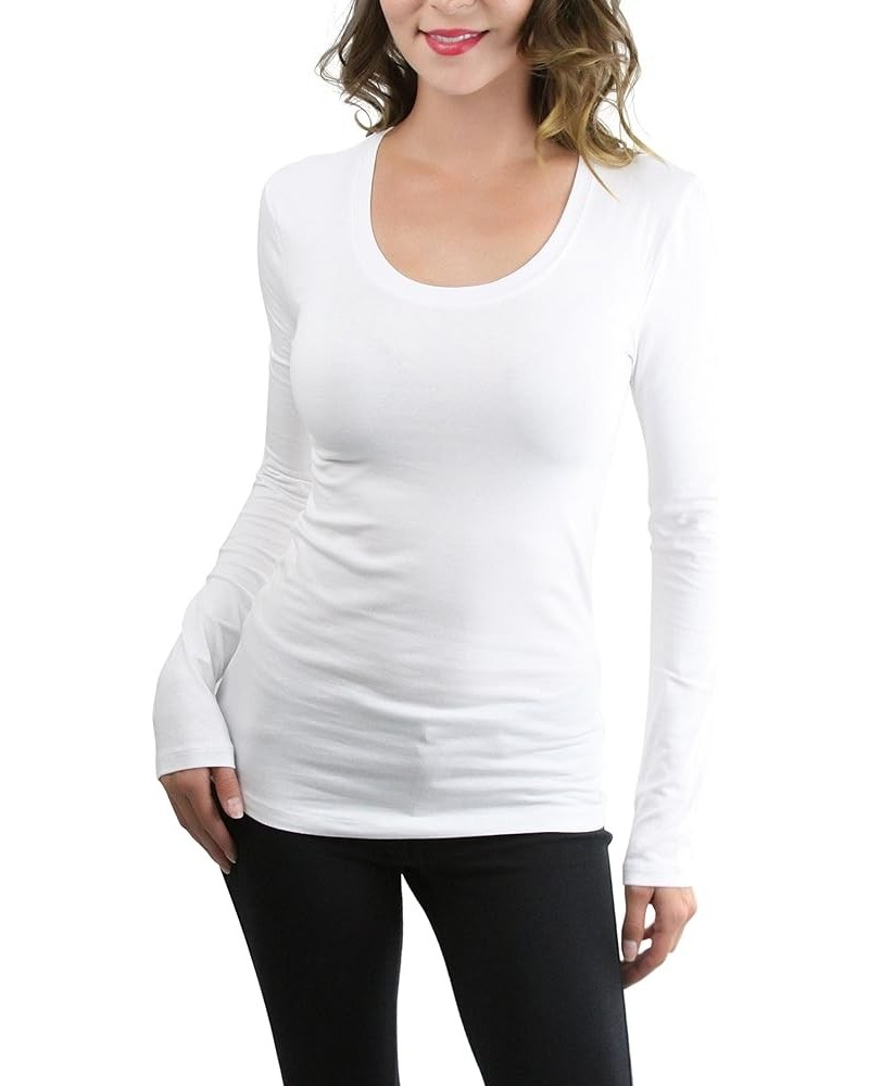 Junior Women's Slim Fit Long Sleeve Shirt Scoop Neckline Basic Tee Layering Cotton Top Classic White $8.98 T-Shirts