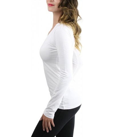 Junior Women's Slim Fit Long Sleeve Shirt Scoop Neckline Basic Tee Layering Cotton Top Classic White $8.98 T-Shirts