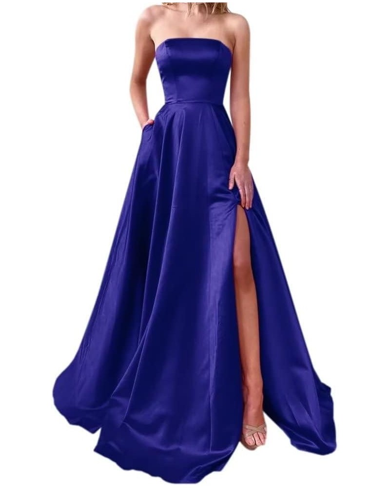 Strapless A-Line Prom Dress for Women Satin Long Lace-Up Evening Dress with Pocket Backless Wedding Party Dress Royal Blue $4...