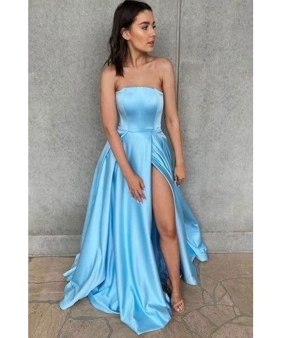 Strapless A-Line Prom Dress for Women Satin Long Lace-Up Evening Dress with Pocket Backless Wedding Party Dress Royal Blue $4...