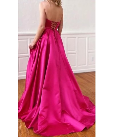 Strapless A-Line Prom Dress for Women Satin Long Lace-Up Evening Dress with Pocket Backless Wedding Party Dress Royal Blue $4...