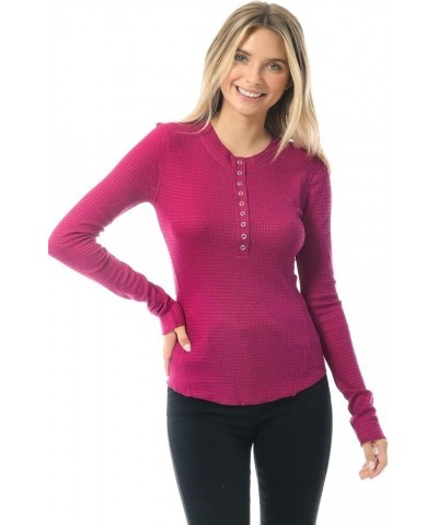 Women's Long Sleeve Eight Button Closure Henley Thermal Knit Top C Magenta $11.28 Tops