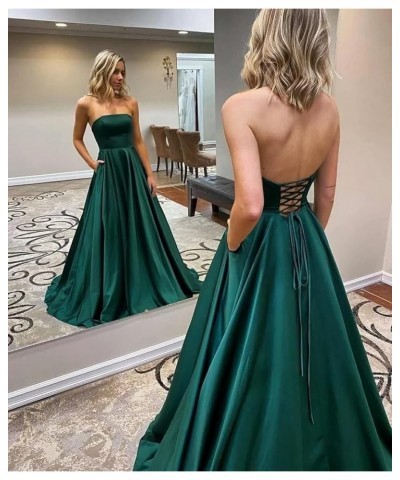 Strapless A-Line Prom Dress for Women Satin Long Lace-Up Evening Dress with Pocket Backless Wedding Party Dress Royal Blue $4...