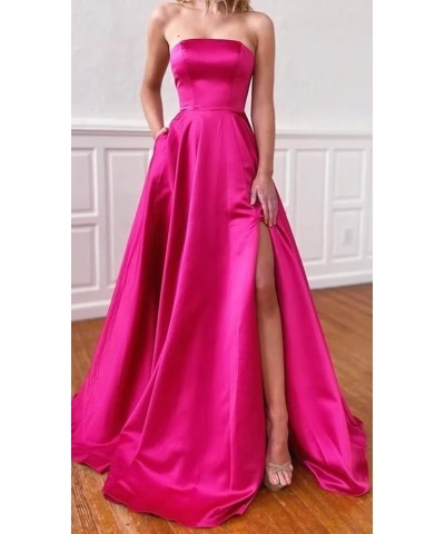 Strapless A-Line Prom Dress for Women Satin Long Lace-Up Evening Dress with Pocket Backless Wedding Party Dress Royal Blue $4...