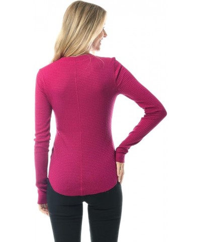 Women's Long Sleeve Eight Button Closure Henley Thermal Knit Top C Magenta $11.28 Tops